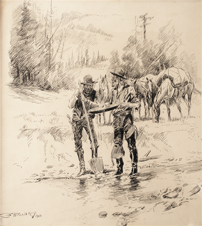 Charles Marion Russell (1864-1926), The Prospectors, 1903, Pen & Ink, 10 1/4 x 9 1/4 inches, Sold. (Renner Letter)