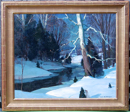 Emile Gruppe (1896-1978.)  Oil on canvas, 30 x 36, signed lower right. Sycamore tree along the creek, Woodstock, NY, circa 1930.