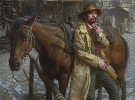 Morgan Weistling
The Edge of the Law, Dodge City, 1878
oil on linen
21h x 28w in
53.34h x 71.12w cm