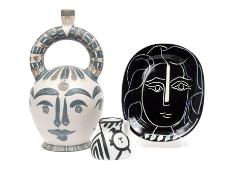 A selection of ceramics by PABLO PICASSO (SPANISH, 1881-1973) offered in May 2021 sold for $120,000, $5,100, and $25,200 respectively (as illustrated left to right).