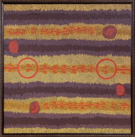 Malcolm Maloney Jagamarra (Aboriginal Australian, 1955)
“Kangaroo Dreaming” 1991
47.5 x 47.5 inches
Acrylic polymer on canvas