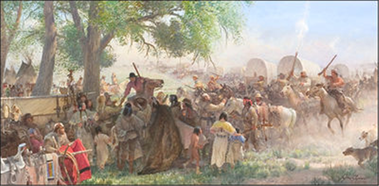 John Ford Clymer : Arrival of the Trade Wagons-Rendezvous 1830