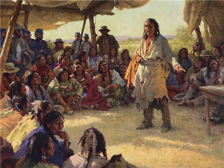 Howard Terpning (b. 1927), Paper That Talks Two Ways – The Treaty Signing (2008), Sold at Auction: $2,360,000 – The Coeur d’Alene Art Auction holds the world record price for a work by Howard Terpning sold at auction.