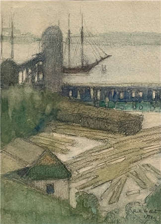 Anita Willets Burnham (Am. 1880-1958)
Untitled (Harbor Scene)
Watercolor and charcoal on paper, 1904
10” x 7 3/4”  (Framed: 17 1/4” x 16 1/4”)
Signed and dated Anita Willets 1904, lower right
#19906