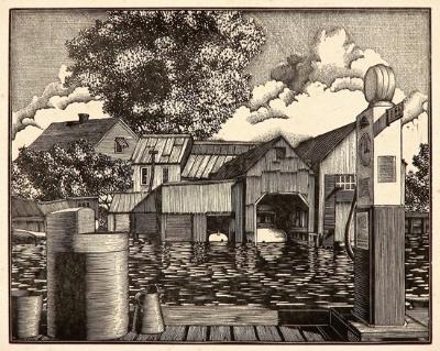 Kevin B O'Callahan : Kevin B. O'Callahan, 'Boathouses, Dock and Gas Pump' (1937)