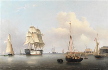 Robert Strickland Thomas : Two magnificent First Rates: HMS Trafalgar and HMS Queen lying off the Royal Dockyard at Sheerness, a pair (2)