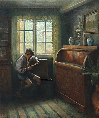 Bertel Hansen-Svaneke : Interior with reading boy.