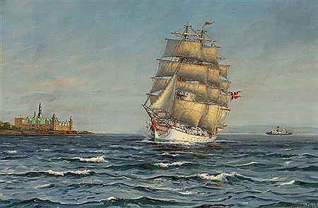 Sergius Frost : Seascape with the training vessel “Danmark” off the coast of Kronborg Castle.