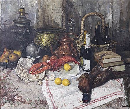 Juul De Cort : Still life with lobster and pheasant on the table with vegetables, fruit, wine and kitchen utensils