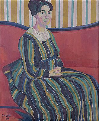 Jan Cockx : Portrait of a lady in striped dress in red seat, 1918