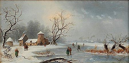 Auguste Vyaret : Frozen river landscape with skaters