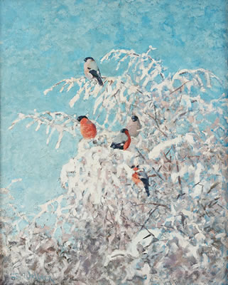 Thure Wallner : Winter landscape with bullfinches