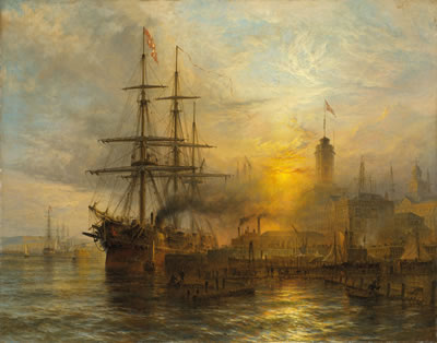 Henry Dawson : A Danish steamer moored alongside a busy dock