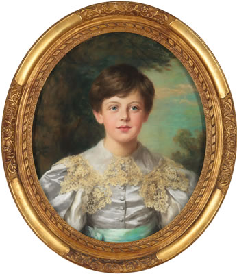 John Ernest Breun : Portrait of Lady Meriel Bathurst (1894-1936) as a child, bust-length, in a white dress with a lace collar and blue bows; and Portrait of Allen Bathurst, Lord Apsley (1895-1942), as a child, bust-length, in white Van Dyck costume (illustrated)  (pair)