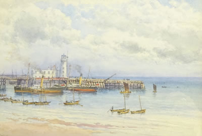 George Fall : Scarborough Lighthouse with Paddle-Steamers and Fishing Boats on the Foreshore