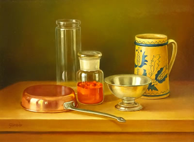 Andras Gombar : Still Life of Glass and Metalware