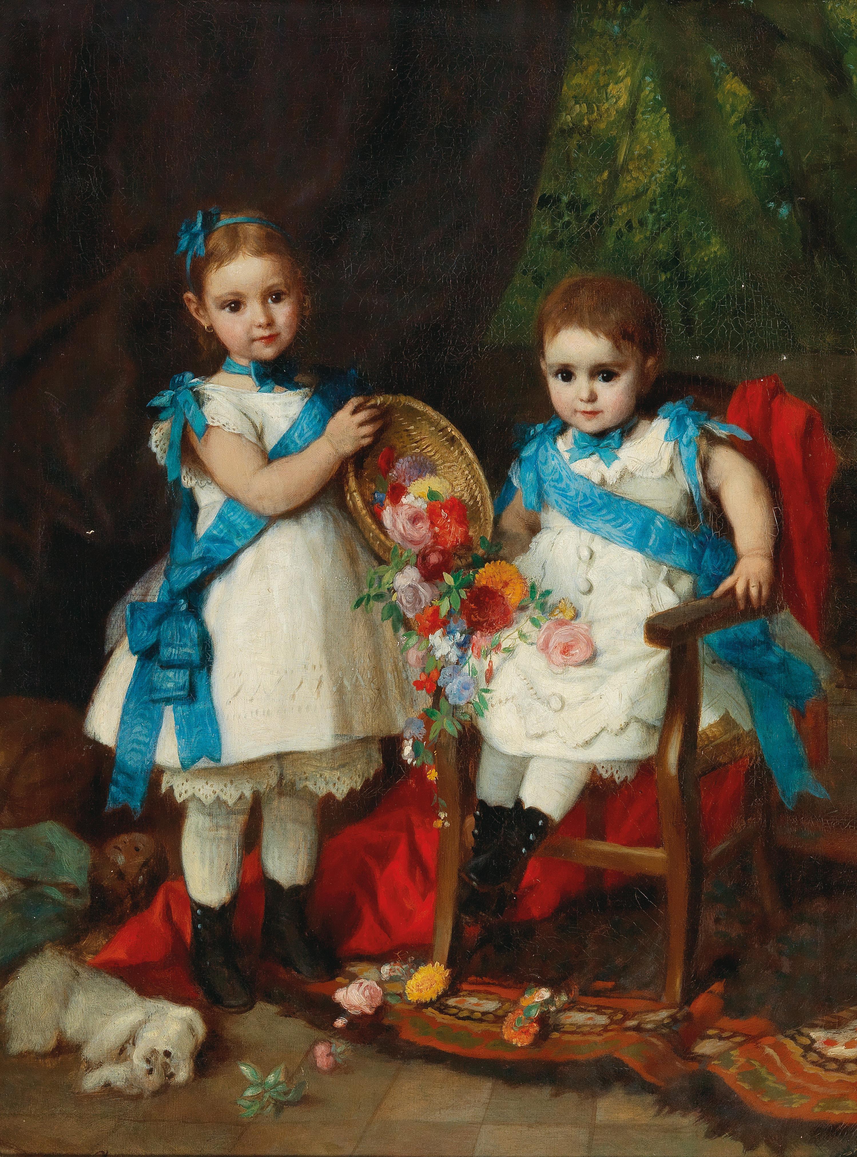 Georg Cornicelius : Two Siblings with Blue Sashes before a Landscape Background