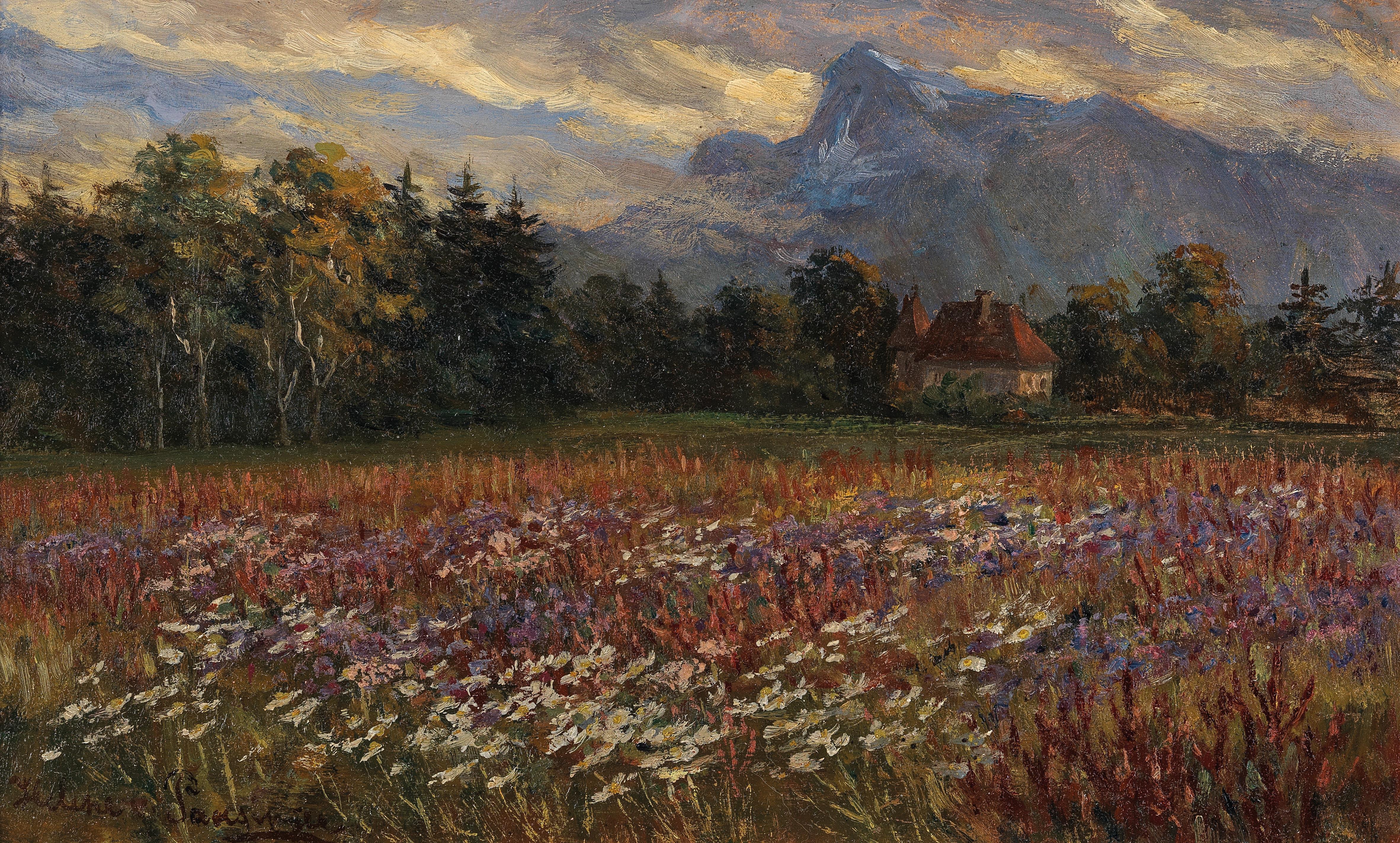 Helene Paula von Pausinger : A Blossoming Meadow and a Villa at the Foot of the Untersberg in the Summer