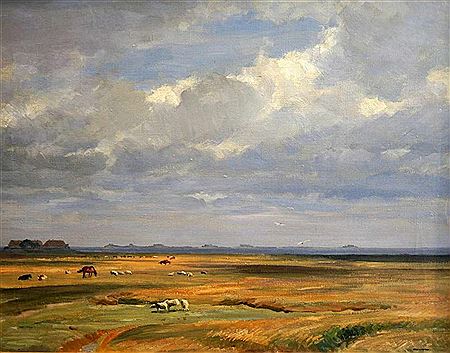 Josef Waldemar Keller-Kuhne : Weite Landschaft mit tiefem Horizont, Wolken bedeckter Himmel und Vieh auf der Weide