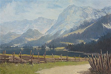 Eduard Uhlik : Lake Grundlsee with view of Totes Gebirge (mountain range) and Gößl