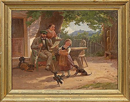 Otto Eberlein : Family idyll with a girl playing with a dachshund