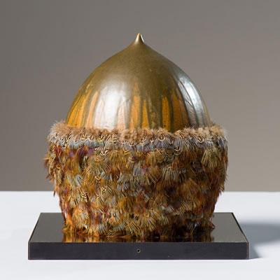 Kenneth Ken Shores : 'Feathered Fetish Ceramic Vase, Brown'