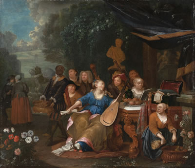 François Xavier Henri Verbeeck : A company making music on a terrace in front of a park landscape.