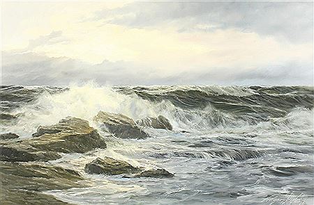 Edgar Freyberg : A scene of waves breaking over a rocky coastline