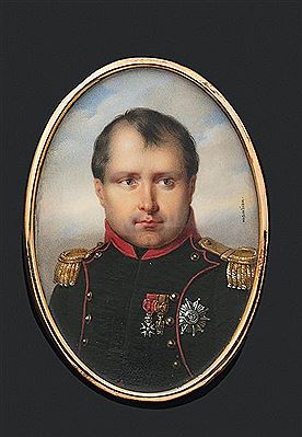 Andre Léon Larue : L’Empereur Napoléon Ier, en buste de face, en uniforme de chasseur à cheval de la Garde, portant la Légion d’honneur et la couronne de fer.