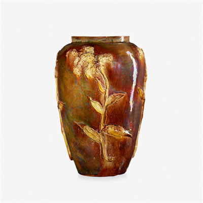 Theophilus Anthony Brouwer Jr : Large flame-painted lamp base with modeled flora