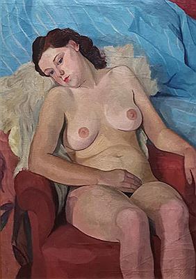 Louise Tagnard : Nude Woman languid red chair.