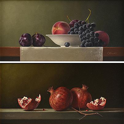 Gerald Stinski : A PAIR OF PAINTINGS, 'Branch and Pomegranates,' AND 'Plums, Peach and Grapes in a Bowl'