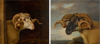 Thomas Weaver : Pair: Head of a white faced ram, facing right; and Head of a black faced ram, facing left, a seascape beyond