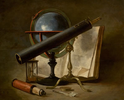 Philippe Rousseau : Still life with telescopes and an astrolabe, an hour glass, a book and a quill