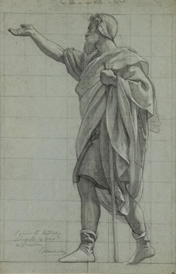 Victor Biennoury : A Standing Man Facing Left, his Right Arm Outstretched, his Left Hand Holding a Walking Stick