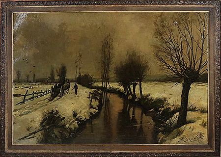 Berend Jan Brouwer : Dutch winter scene with ditch, horse cart and figures