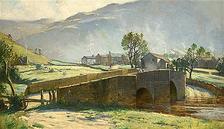 Bertram Walter Priestman : A view of Buckden Bridge with haymaking beyond