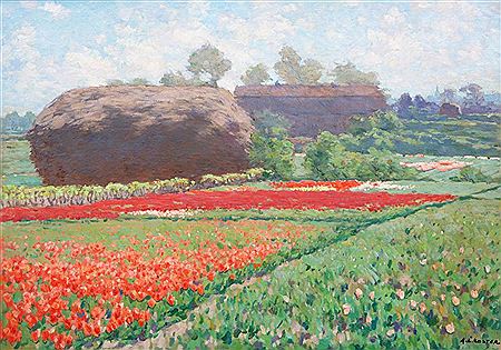 Antonie L Koster : 'Late tulpen en riethoop bij Bennebroek' / Late tulips and a reed stack near Bennebroek