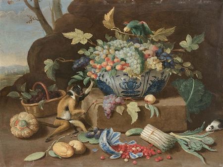 Jan van Kessel III : Still life with Wan Li Chinese porcelain cups, one filled with fruit, the other inverted and broken, fruit and vegetables, with a monkey and a hamster on a landscape background