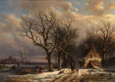 Alexander Joseph Daiwaille : A winter landscape with figures collecting firewood, a huntsman passing