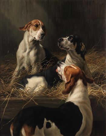 Maud Earl : Three foxhounds in an interior