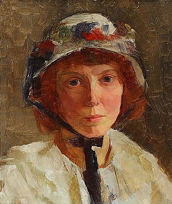 Oskar H Hagemann : Portrait of a woman wearing a hat embellished with flowers