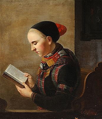 Christian Andreas Schleisner : Church interior with a young unmarried woman from Amager holding a hymn book