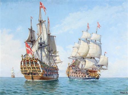 Paul Sinding : Seascape with Danish frigates.