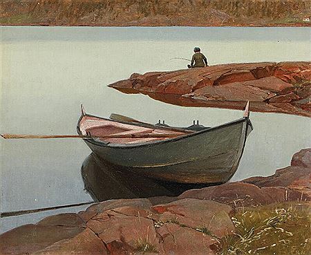 Louis Moe : Scenery with a boy fishing