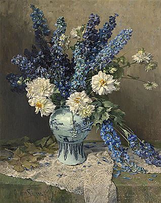 Clara Sivers : An 18th century European blue and white faience vase with dahlias and delphiniums (ridderspore)