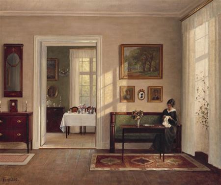 Hans (Hilsoe) Hilse : An interior with a woman sitting on a sofa.