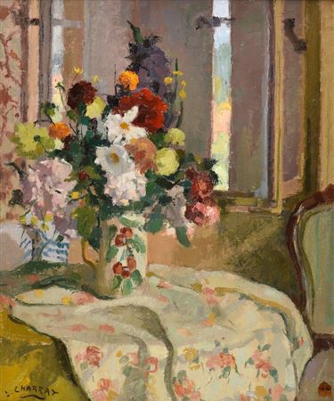 Louis Charrat : Bouquet on a tablecloth.