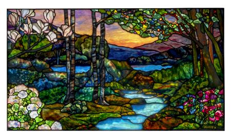 Tiffany Studios : Landscape Window with Magnolias, Hydrangeas and Azaleas, circa 1915