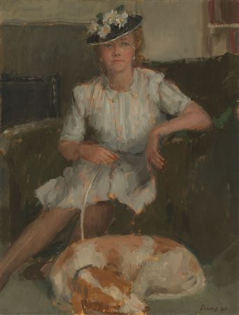 Anthony Devas : Portrait of a Lady with a Sleeping Dog